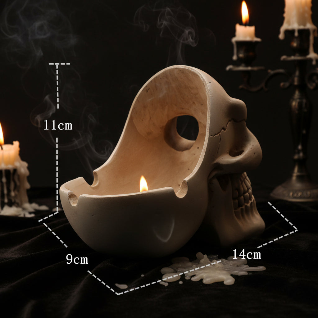 Skull-shaped decorative item with measurements on a white background
