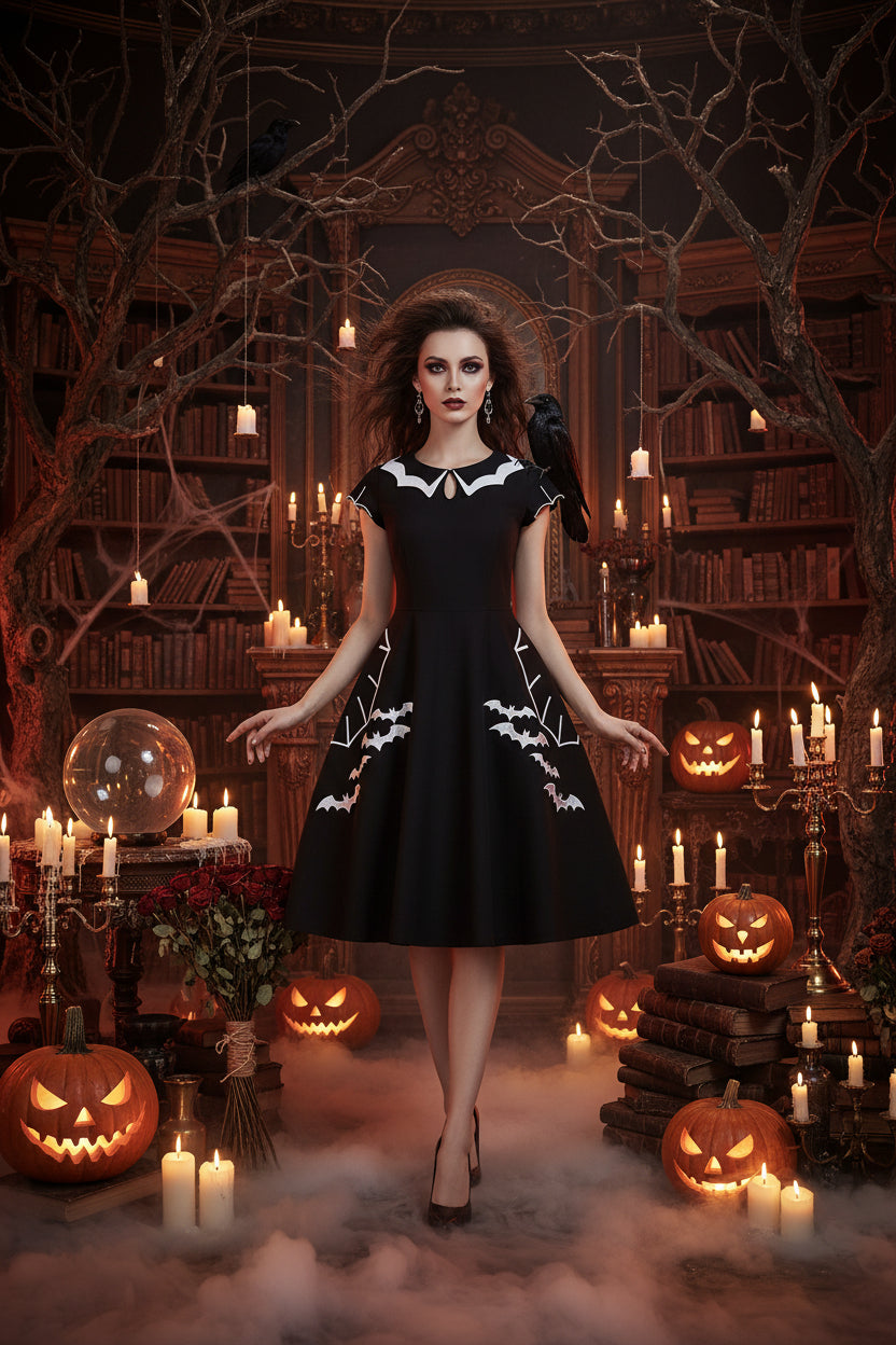 Embroidered Bat Dress for Halloween Celebration Sorceress Sanctuary