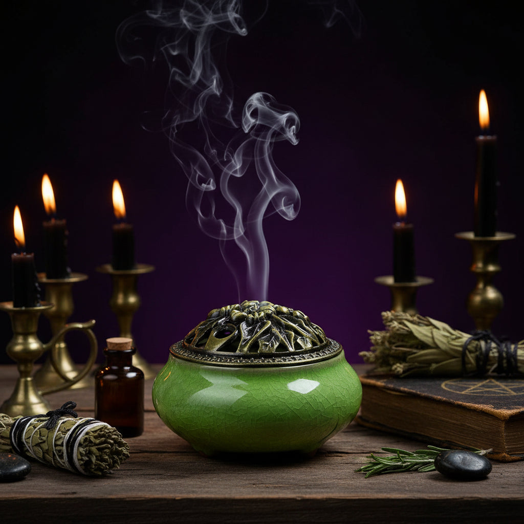 Green ceramic incense burner with decorative lid on a wooden surface