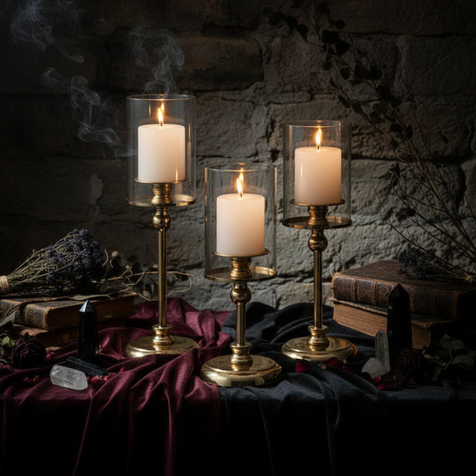 Three gold candle holders with white candles on a table.