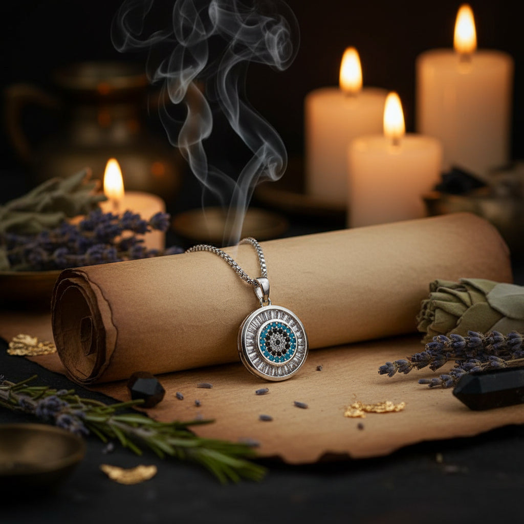 A silver-toned evil eye pendant necklace with a silver box chain, resting on a white ceramic dish. The circular pendant features a silver-toned border with baguette-cut clear stones, surrounding a central evil eye motif with blue, black, and clear stones.