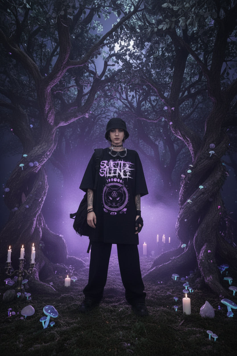 Person wearing a black t-shirt with a purple and white graphic design, standing in front of a metallic wall.