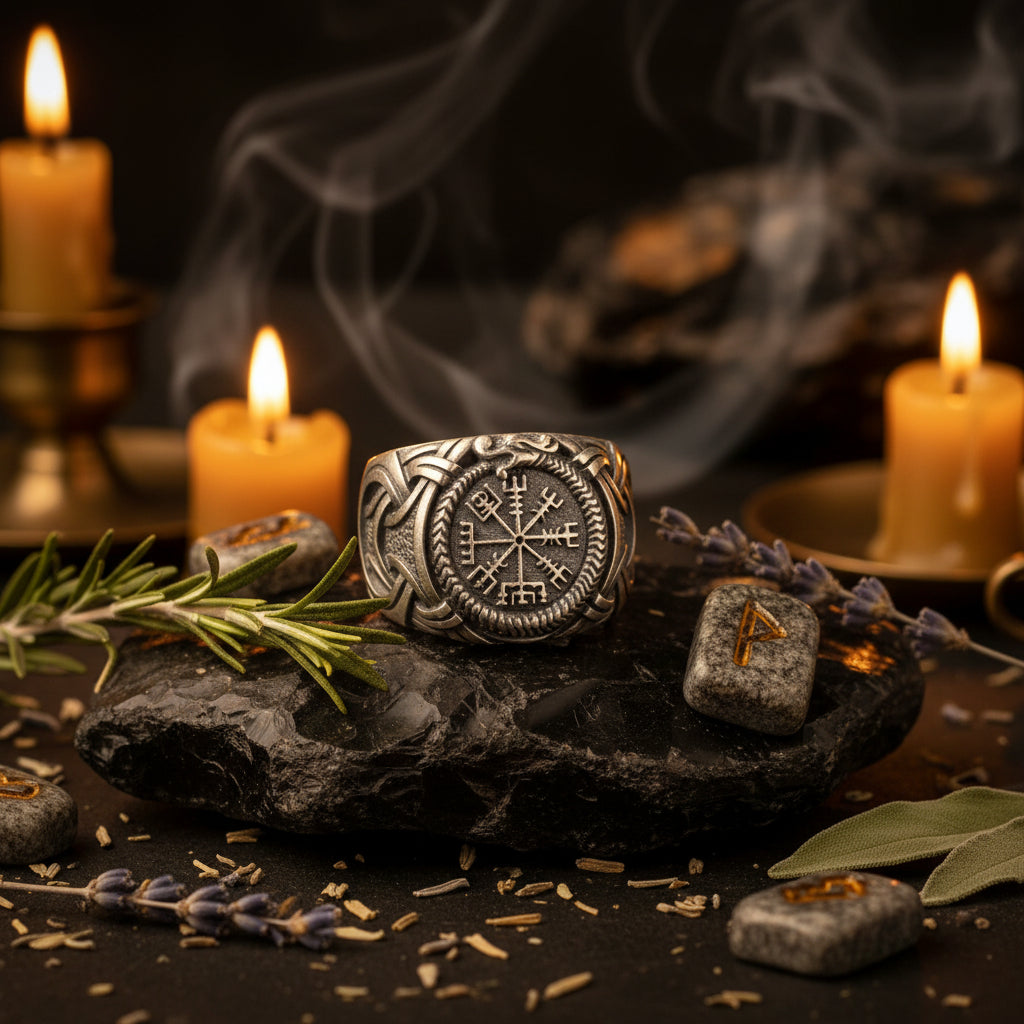 A silver-toned Viking-style ring featuring a Vegvisir compass motif on the face and intricate Celtic knotwork wrapping around the band, shown against a neutral gray background.