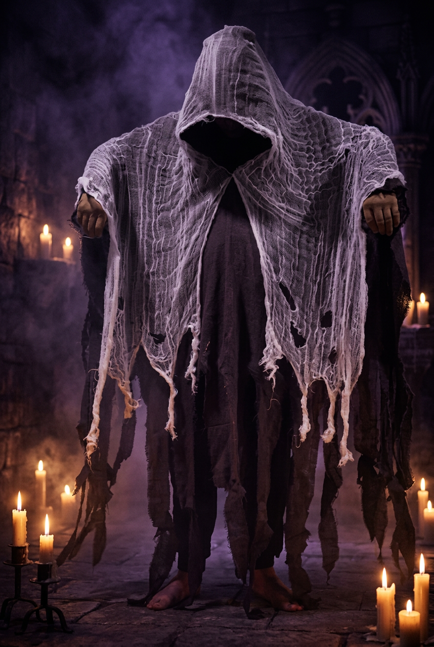 Person wearing a dark, hooded costume with a white, ghost-like shroud over it on a plain background.