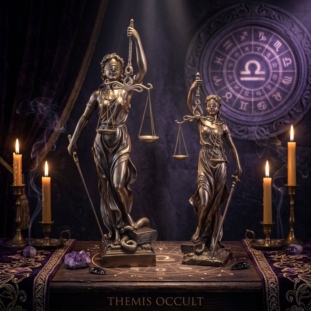 Two bronze statues of Lady Justice on a wooden surface with a gray background