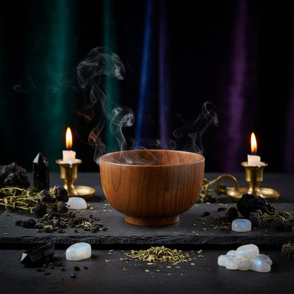 Wooden bowl with dimensions and weight on a white background