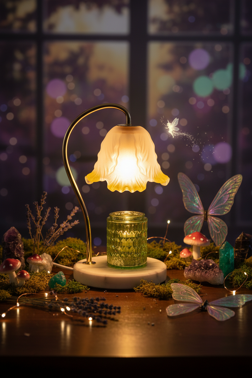 Decorative table lamp with a white lampshade and gold base on a marble base.