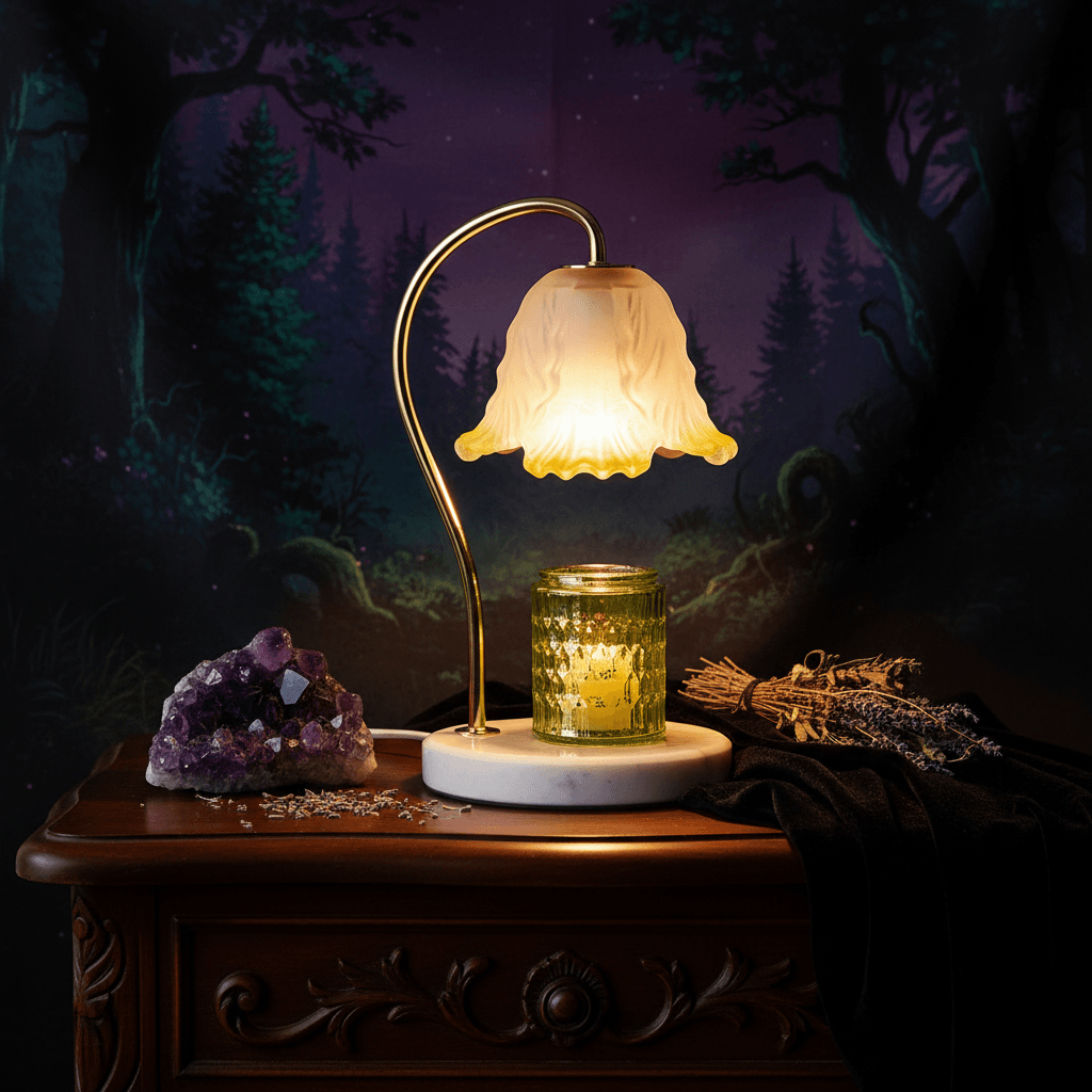 Decorative table lamp with a white lampshade and gold base on a marble base.