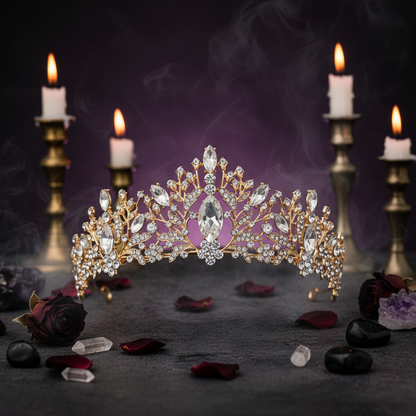 Gold tiara with crystals on a pink and black background
