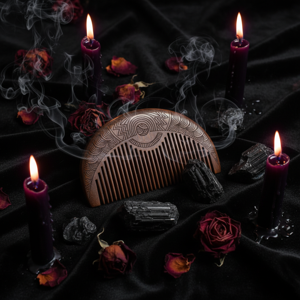 Wooden comb with engraved patterns on a decorative stand with a white flower design, placed on a woven mat.