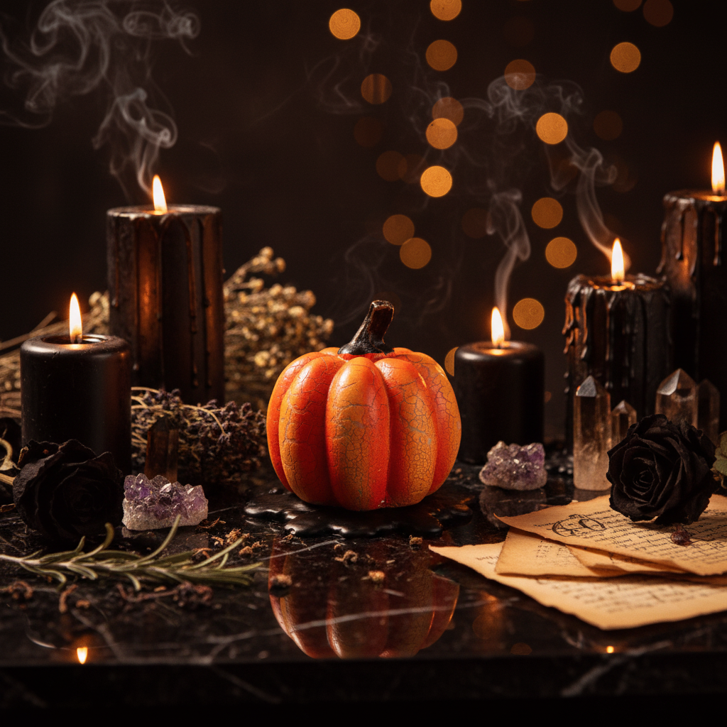An orange and yellow cracked-embossed decorative pumpkin with a dark brown stem, resting on a dark gray surface against a light gray background.