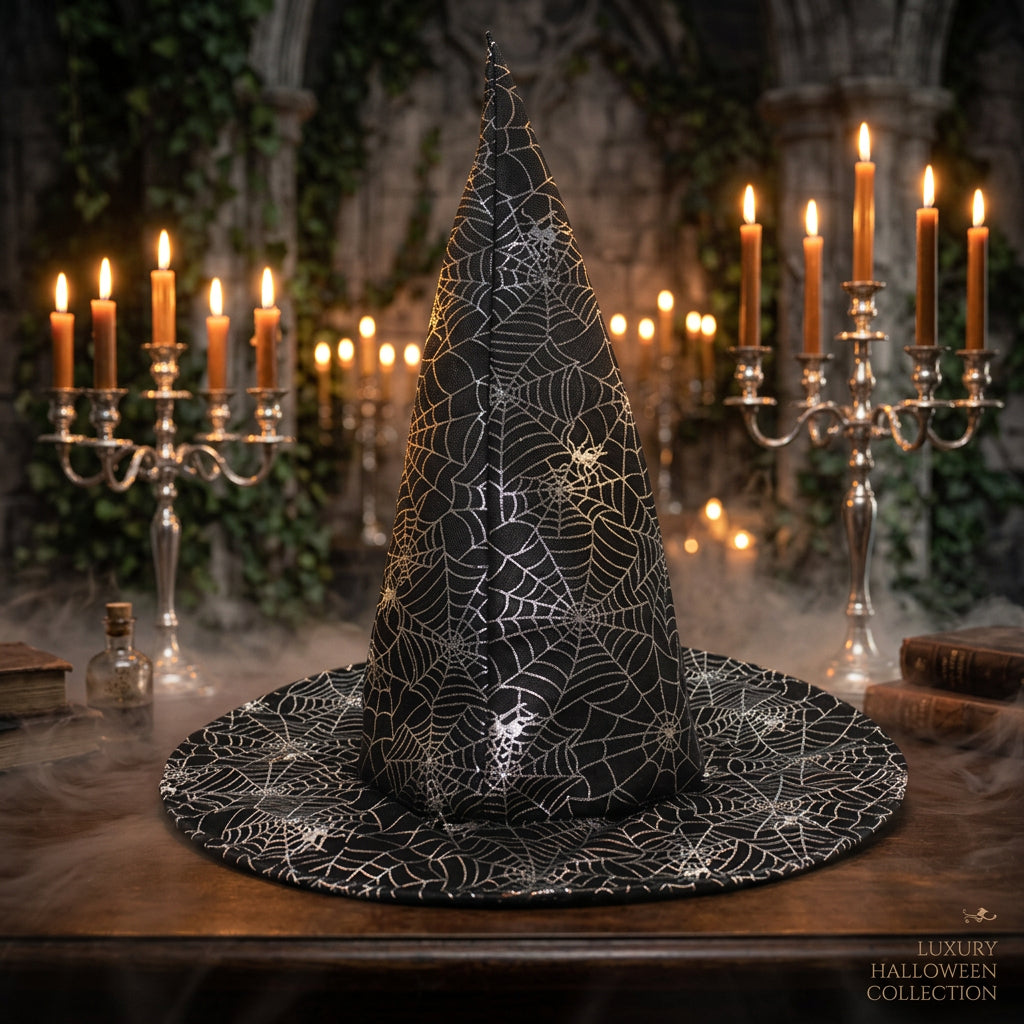Black witch hat with spider web pattern on a white background