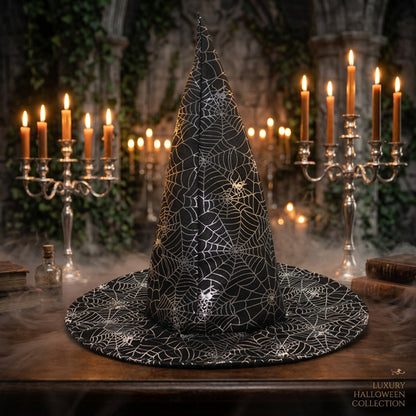 Black witch hat with spider web pattern on a white background