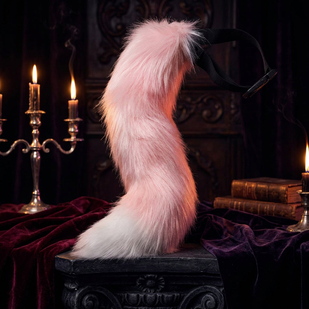 Pink and white fox tail with a black band on a white background