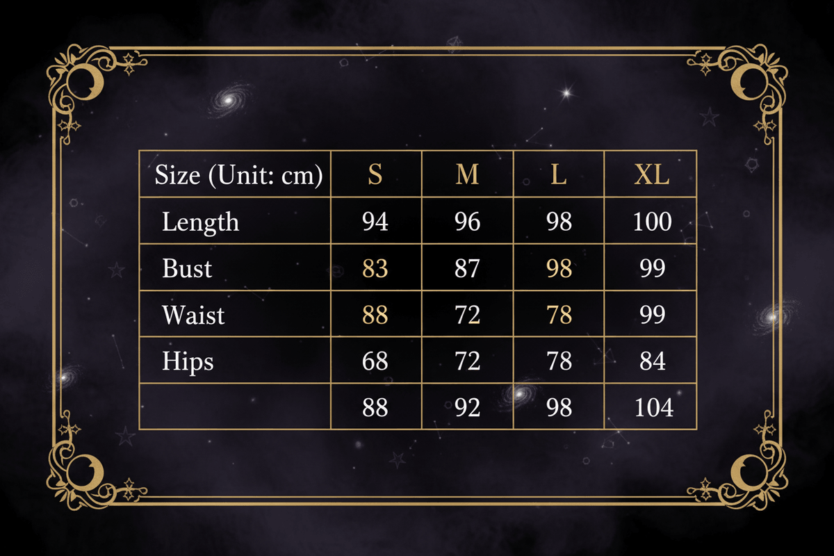 A size chart table showing measurements in centimeters for sizes S, M, L, and XL, including Length, Shoulder, Bust, Waist, Sleeve, and Hips.