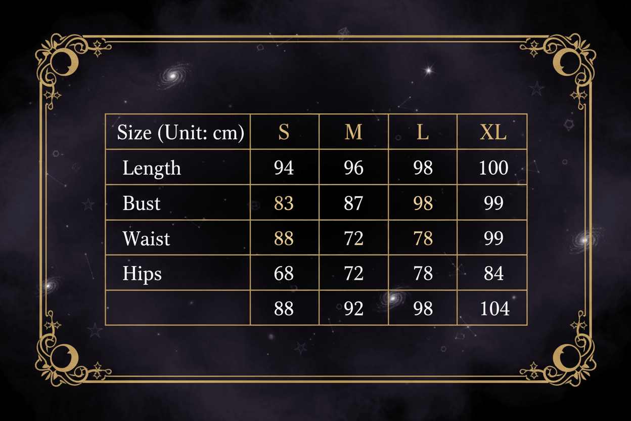 A size chart table showing measurements in centimeters for sizes S, M, L, and XL, including Length, Shoulder, Bust, Waist, Sleeve, and Hips.