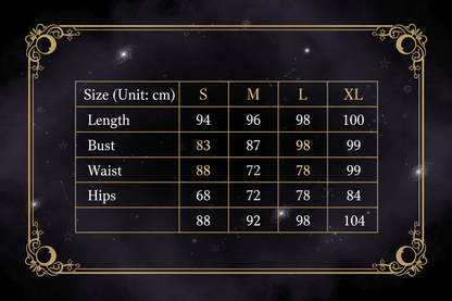 A size chart table showing measurements in centimeters for sizes S, M, L, and XL, including Length, Shoulder, Bust, Waist, Sleeve, and Hips.