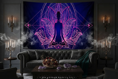 Living room with a tapestry featuring a silhouette of a person in a meditative pose with pink lotus flowers on a dark blue background.