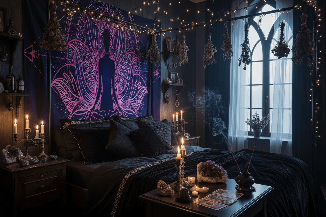 Living room with a tapestry featuring a silhouette of a person in a meditative pose with pink lotus flowers on a dark blue background.