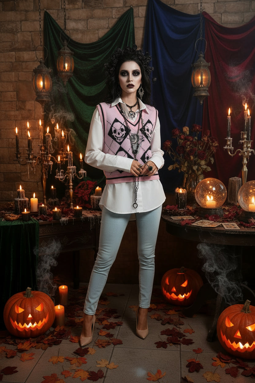 Personalized Women's Skull Print Sweater Vest for Events Sorceress Sanctuary