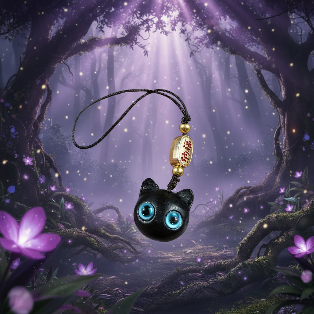 A hand holds a black cat-shaped pendant with bright blue eyes, attached to a black cord with gold beads and a small gold cylindrical charm featuring red Chinese characters, against a background of green leaves.