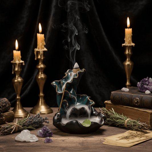 A ceramic backlit incense burner shaped like a lotus flower, with teal and black glazed details, gold trim, a white incense tip, and a burning incense stick resting in the base.
