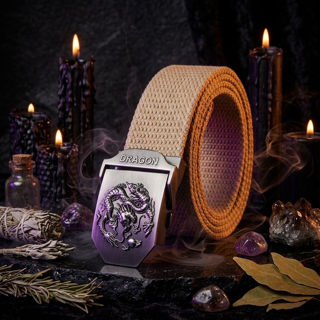 A beige woven canvas belt with a silver-toned metal buckle featuring an engraved dragon design and the word 'DRAGON' on the buckle, shown on a white background.