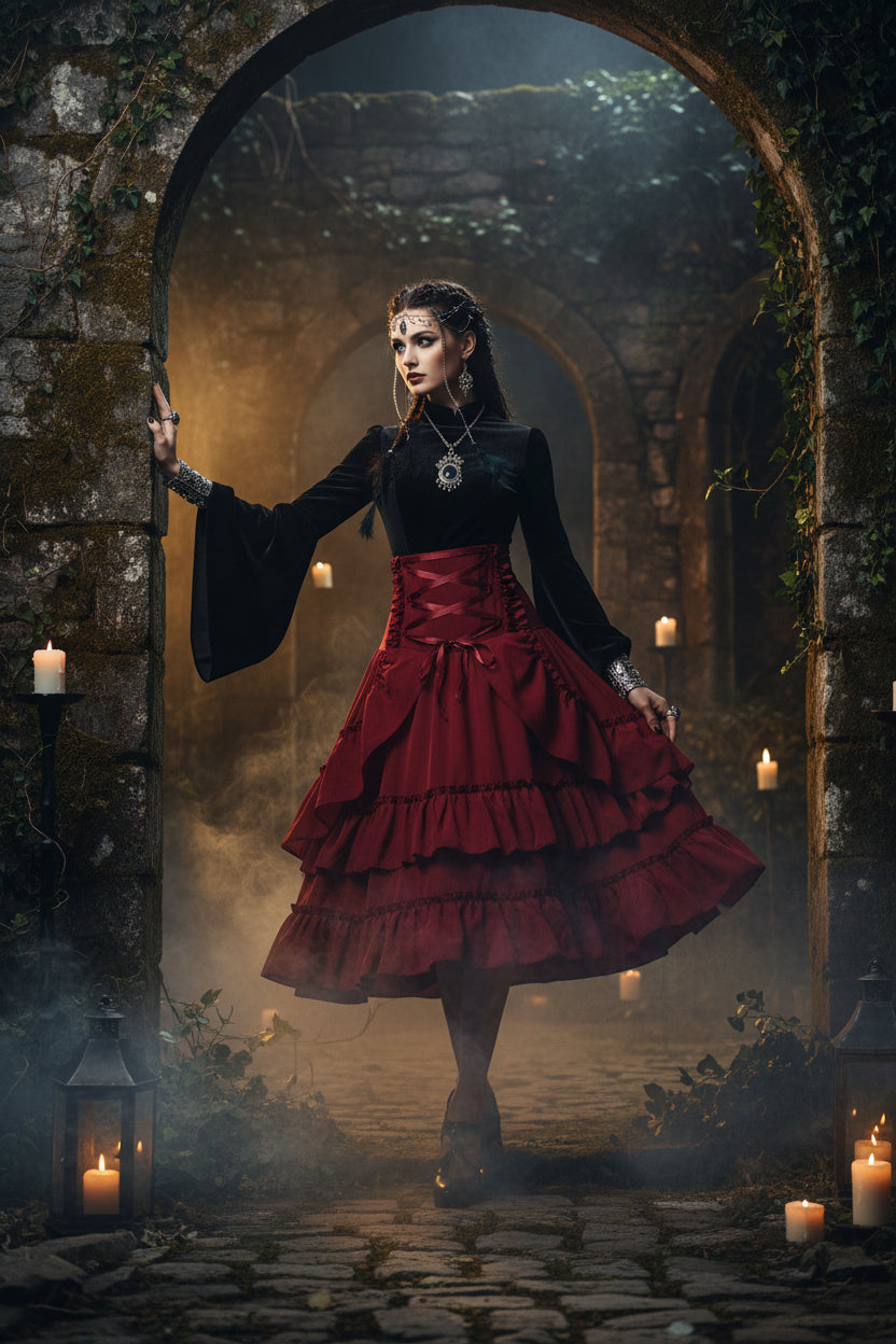 A deep red gothic-style tiered skirt with a high-waisted corset-style bodice featuring crisscrossed lace-up ribbons at the back and a bow at the front, set against a plain white background.