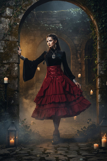 A deep red gothic-style tiered skirt with a high-waisted corset-style bodice featuring crisscrossed lace-up ribbons at the back and a bow at the front, set against a plain white background.