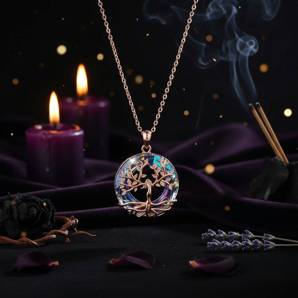 Exquisite Tree of Life Round Crystal Pendant Necklace Sorceress Sanctuary