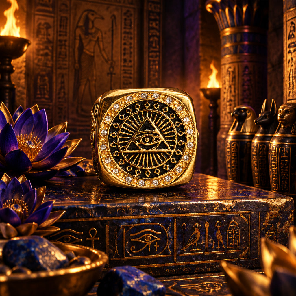 Isis Divine Ring shown on a hand, Egyptian goddess protection band