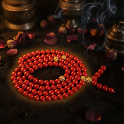 A coiled strand of red cylindrical beads with a few textured gold spacer beads, displayed on a dark textured background.
