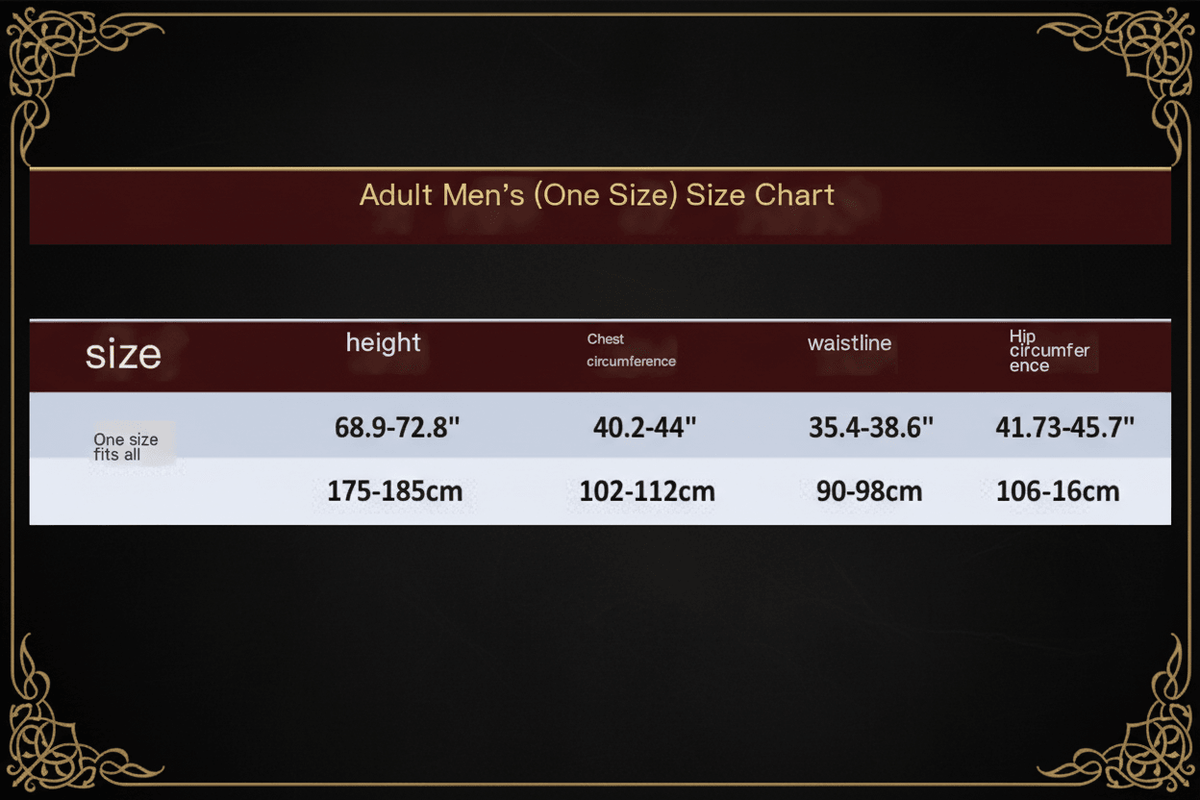 Size chart for adult men's clothing with height, chest, waist, and hip measurements.