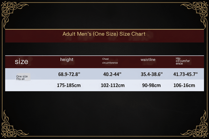 Size chart for adult men's clothing with height, chest, waist, and hip measurements.