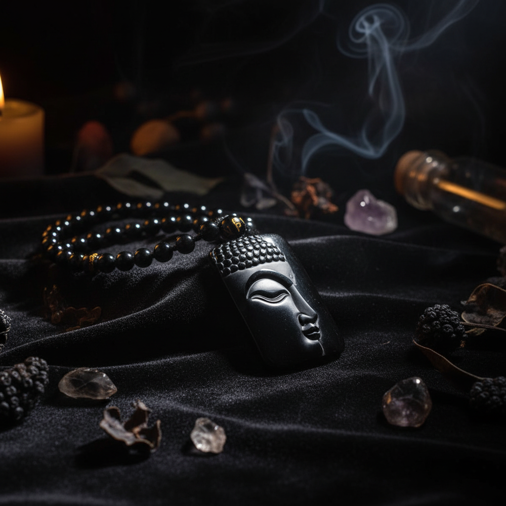 A black Buddha face pendant necklace with a beaded chain, displayed on a textured brown woven mat.