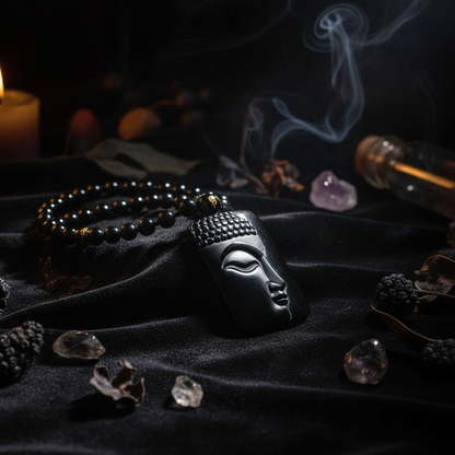 A black Buddha face pendant necklace with a beaded chain, displayed on a textured brown woven mat.