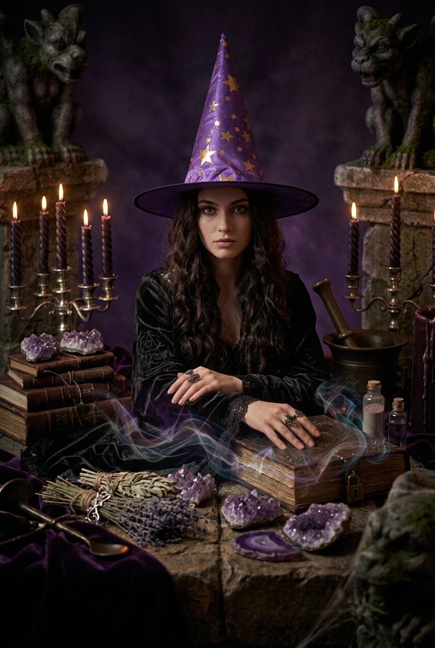 Purple witch hat with gold stars on a light gray background