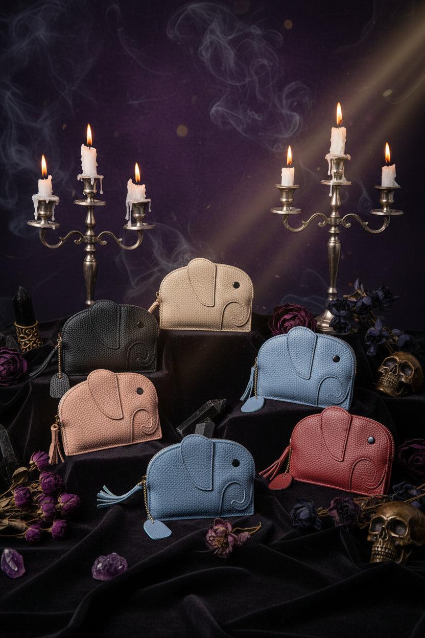 Cute elephant coin wallets in various colors with product parameters on a white background.