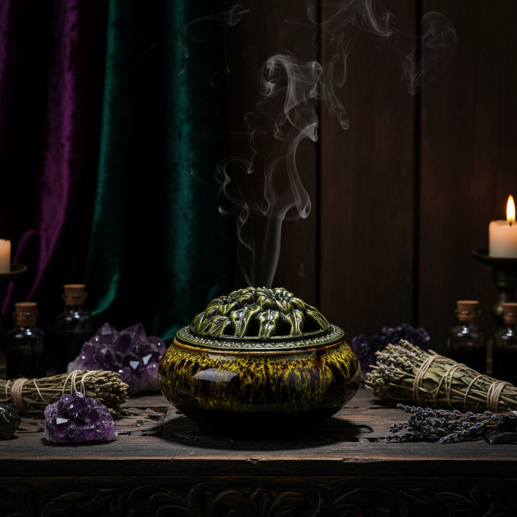 Ceramic incense burner with decorative top on a dark background
