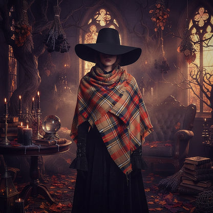 Cashmere Scarf with Fringe and Plaid Design Sorceress Sanctuary