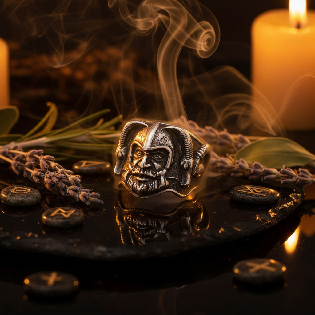 A silver-toned Viking ring featuring a highly detailed horned helmet and face design, displayed on a reflective black surface.