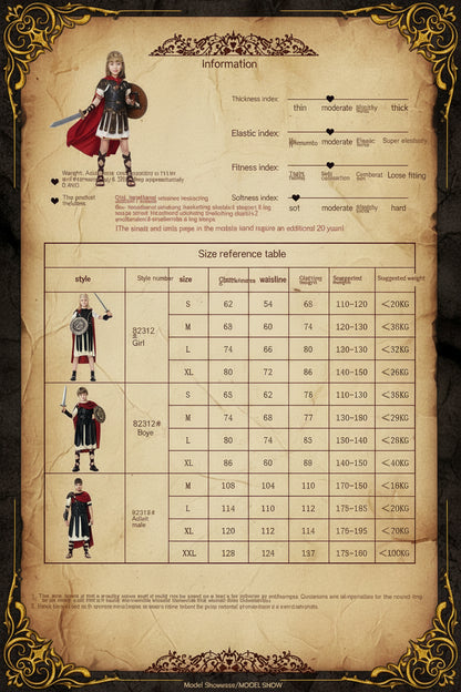 A product information sheet for Yipin brand Spartan Warrior role-playing costume sets, featuring material specifications, sizing reference tables, and color/size charts.