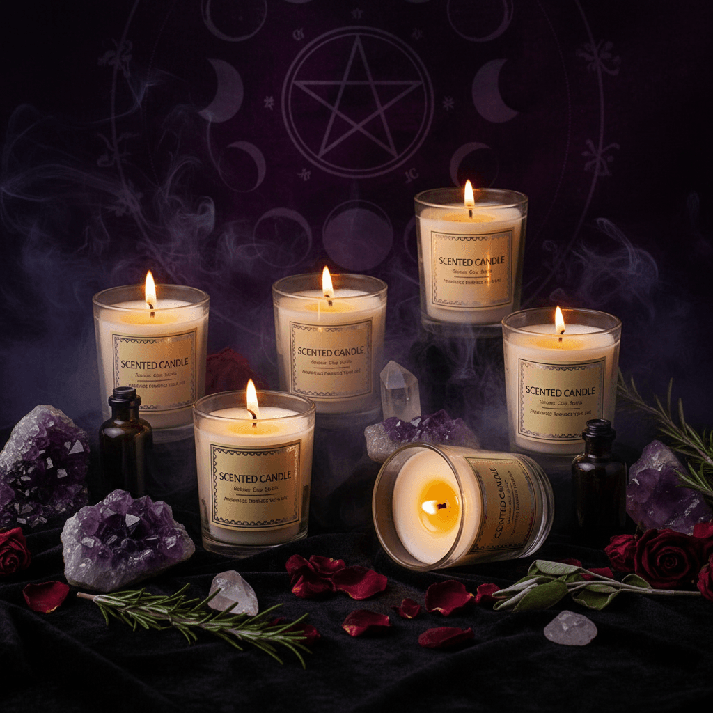 Collection of scented soy candles with decorative boxes on a white surface
