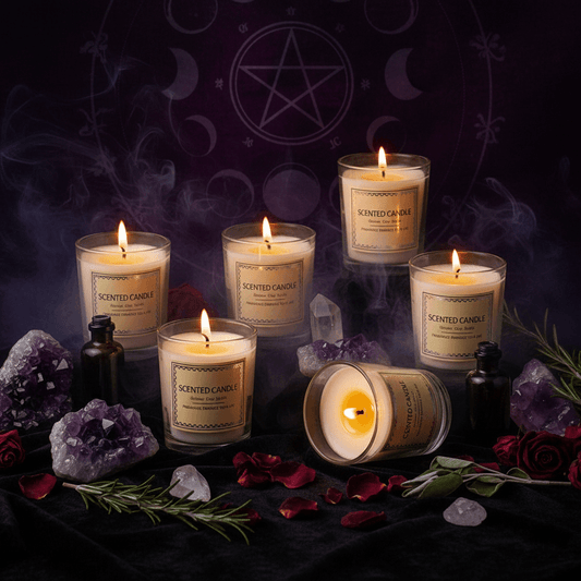 Collection of scented soy candles with decorative boxes on a white surface