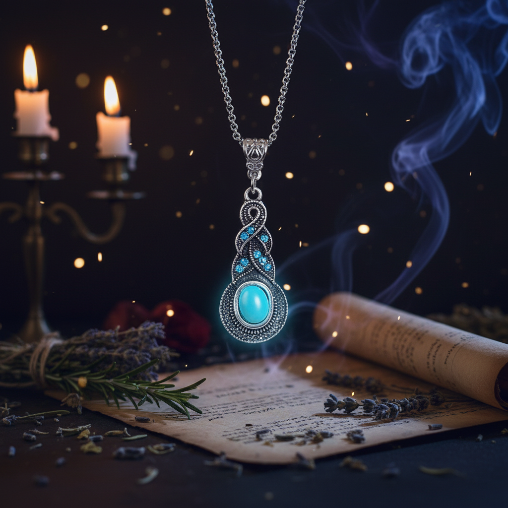 Necklace with a blue pendant on a white background
