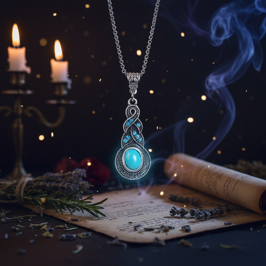 Necklace with a blue pendant on a white background
