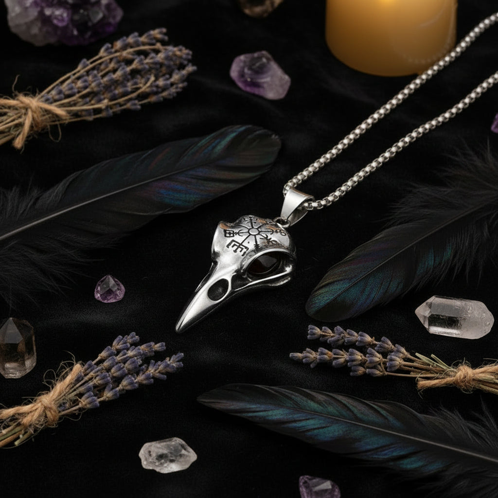Silver bird skull pendant necklace held in a hand on a white background