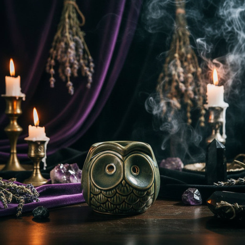 Ceramic owl-shaped candle holder on a wooden surface with a blurred background