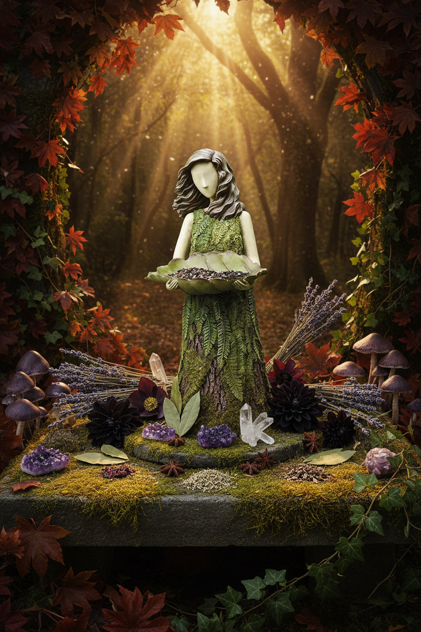 Frost Standing Girl Statue with Bird Feed Bowl Decor Sorceress Sanctuary