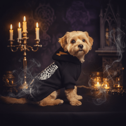 A small tan dog wearing a black hoodie with a white skeleton print and an orange lightning bolt, posed in a dark gothic room with lit candles and smoky effects.